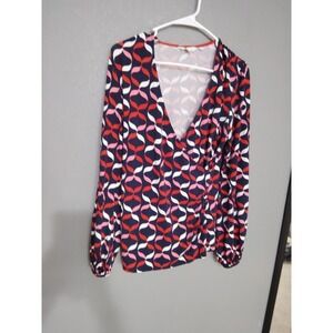 Boden Womens Elodie Wrap Top Size 10 Navy Red Stretch Casual LS Viscose V-Neck